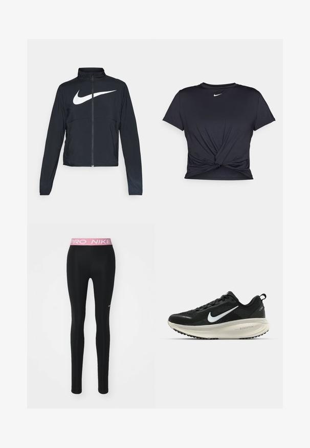Giacca sportiva nera con zip completa, colletto alto, maniche lunghe e grande logo swoosh bianco Nike sul petto.; Maglietta atletica nera realizzata in tessuto liscio, con un design anteriore annodato e un piccolo logo Nike bianco sul petto.; Leggings neri con un design aderente, vita elastica rosa con testo "PRO NIKE" e piccolo logo Nike bianco sulla parte anteriore.; Scarpa da corsa nera Nike con tomaia in rete traspirante, logo Swoosh bianco, dettagli testurizzati e intersuola ZoomX di colore crema.