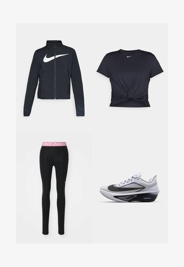 Giacca sportiva nera con zip completa, colletto alto, maniche lunghe e grande logo swoosh bianco Nike sul petto.; Maglietta atletica nera realizzata in tessuto liscio, con un design anteriore annodato e un piccolo logo Nike bianco sul petto.; Leggings neri con un design aderente, vita elastica rosa con testo "PRO NIKE" e piccolo logo Nike bianco sulla parte anteriore.; Scarpa atletica bianca con tomaia in rete, caratterizzata da un logo swoosh curvato nero, suola con ammortizzazione ZoomX e un design testurizzato per la traspirabilità.