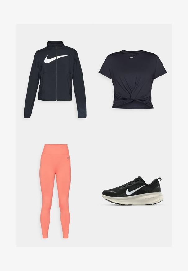 Black full-zip sports jacket with high collar, long sleeves, and large white Nike swoosh logo across the chest.; Black athletic t-shirt made of smooth fabric, featuring a knotted front design and a small white Nike logo on the chest.; High-waisted leggings in bright coral, made from stretchy fabric. Features a smooth texture and a small black logo on the waistband.; Black Nike running shoe with breathable mesh upper, white swoosh logo, textured detailing, and a cream-colored ZoomX midsole.