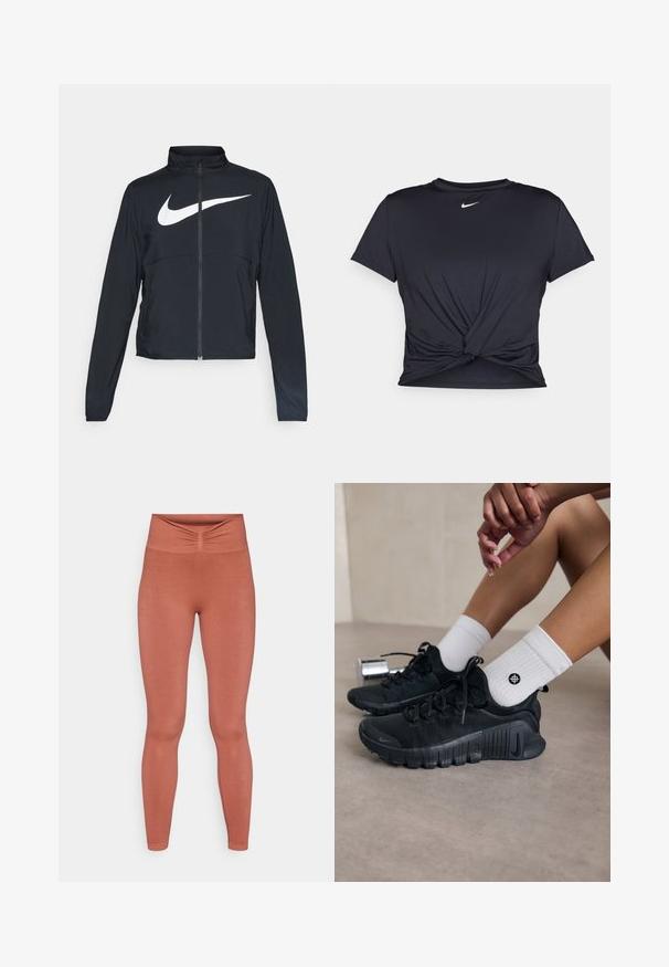 Melnā sporta jaka ar pilnu rāvējslēdzēju, augstu apkakli, garām piedurknēm un lielu baltu Nike swoosh logotipu krūšu daļā.; Melna sporta t-kreklu ar gludu audumu, ar mezglošanas priekšpusi un mazu baltu Nike logotipu uz krūšu daļas.; Ruda krāsa legingi ar pieguļošu dizainu, augstu jostasvietu un savilktām detaļām centrā priekšā. Izgatavoti no elastīga auduma.; Melnas sporta kurpes ar teksturētu audumu, saistītu dizainu un izteiktu zoli, savienotas ar baltām ribotām zeķēm ar mazu logo.