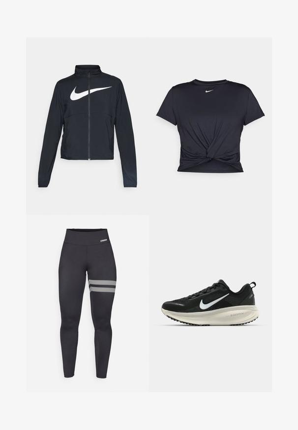 Chaqueta deportiva negra de cremallera completa con cuello alto, mangas largas y gran logo de Nike en blanco en el pecho.; Camiseta atlética negra hecha de tela suave, con un diseño de nudo en la parte delantera y un pequeño logo blanco de Nike en el pecho.; Leggings deportivos de tiro alto en negro, con dos rayas diagonales blancas en el muslo derecho y un pequeño logo "STRONGER" en la cinturilla.; Zapatilla de running Nike negra con parte superior de malla transpirable, logo Swoosh blanco, detalles texturizados y una entresuela ZoomX de color crema.