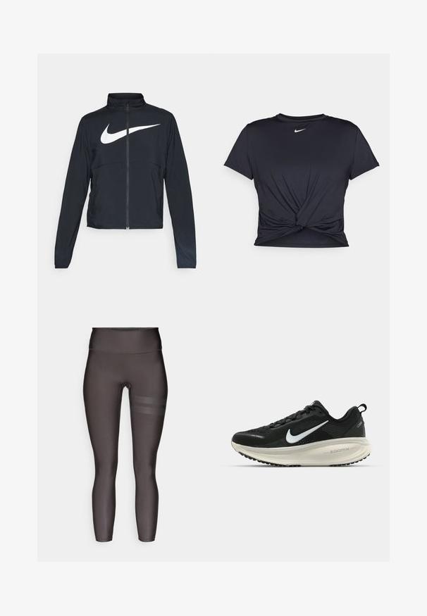 Veste de sport noire zippée sur toute la longueur avec un col haut, des manches longues et un grand logo Nike swoosh blanc sur la poitrine.; T-shirt de sport noir en tissu lisse, avec un design avant noué et un petit logo Nike blanc sur la poitrine.; Leggings taille haute, gris foncé, avec une texture lisse ; présente deux rayures horizontales sur la cuisse gauche en matériau contrasté.; Baskets de course noir Nike avec tige respirante en mesh, logo swoosh blanc, détails texturés et semelle intermédiaire ZoomX de couleur crème.