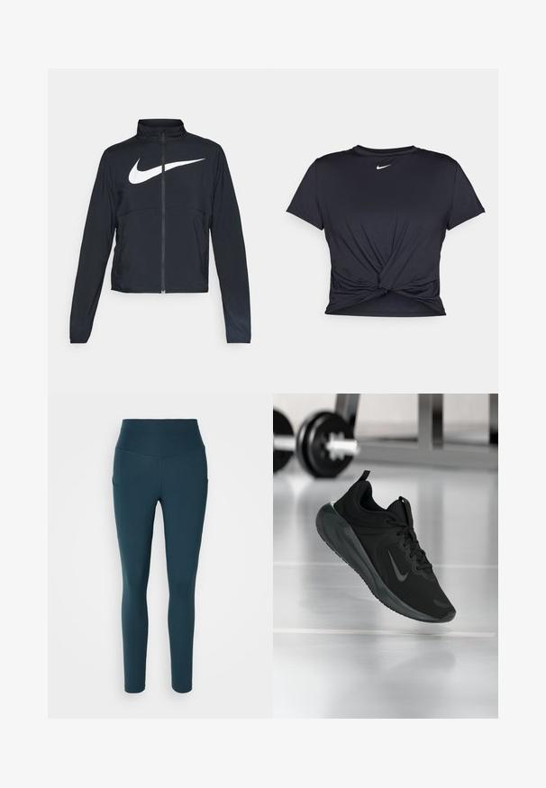 Črna športna jakna z polnim zadrgo, visokim ovratnikom, dolgimi rokavi in velikim belim logotipom Nike swoosh čez prsi.; Črna atletska majica iz gladkega materiala, z vozlanim sprednjim delom in majhnim belim logotipom Nike na prsih.; Nike Performance ONE 7/8 - Pajkice - armory navy/black; Črne športne teniske z logotipom Nike, prikazane v zraku na telovadni talni površini, v ozadju pa zamegljena vrsta uteži.