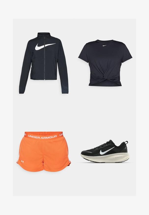 Jachetă sport neagră cu fermoar pe toată lungimea, guler înalt, mâneci lungi și un logo mare alb Nike swoosh pe piept.; Tricou sport negru din material neted, cu un design frontal legat și un mic logo Nike alb pe piept.; Shorts atletici portocalii cu o textură țesută, curea elastică la talie și accente albe pe laterale. Prezintă logo-ul "UNDER ARMOUR" în alb.; Pantofii de alergare negri de la Nike, cu parte superioară din plasă respirabilă, logo-ul alb Swoosh, detalii texturate și o talpă intermediară ZoomX de culoare crem.