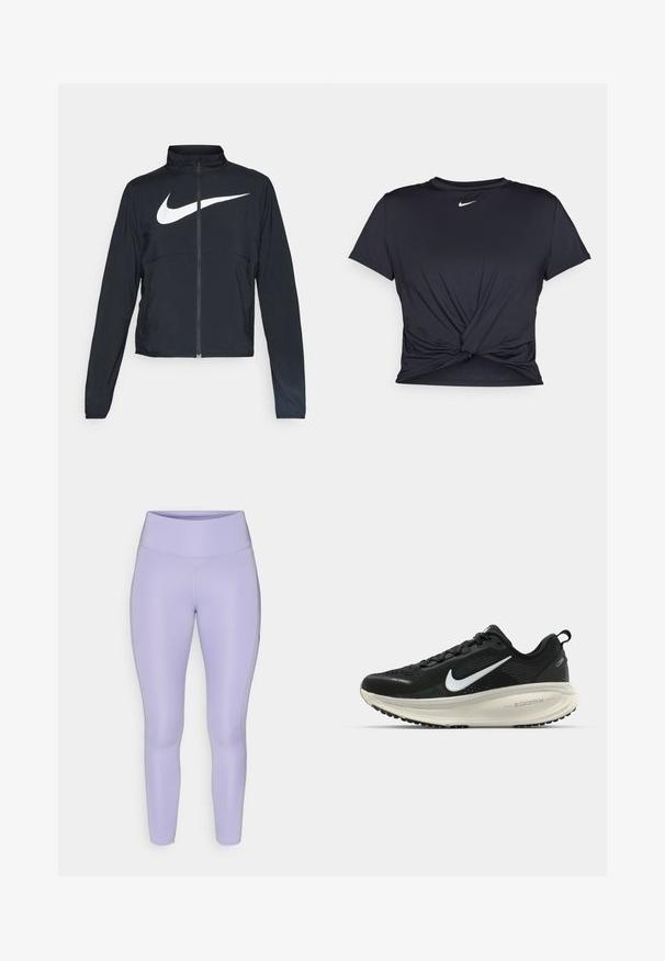 Černá sportovní bunda na zip s vysokým límcem, dlouhými rukávy a velkým bílým logem Nike swoosh přes prsa.; Černé sportovní tričko vyrobené z hladkého materiálu, s uzlovým designem vpředu a malým bílým logem Nike na hrudi.; Fialové legíny vyrobené z elastické, hladké látky s vysokým pasem a přiléhavým střihem, obsahující ploché švy a bez viditelných vzorů.; Černá běžecká obuv Nike s prodyšným síťovaným svrškem, bílým logem swoosh, texturovanými detaily a krémovou mezipodešví ZoomX.
