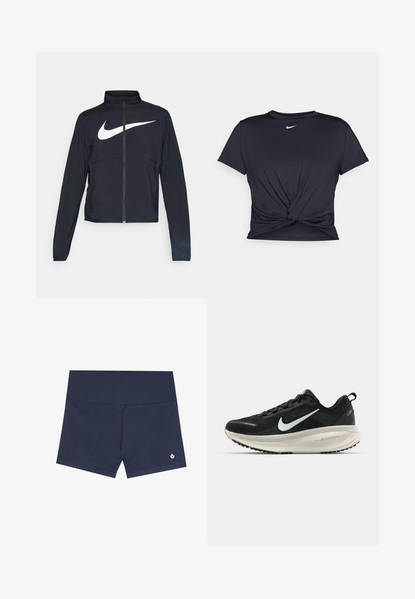 Black full-zip sports jacket with high collar, long sleeves, and large white Nike swoosh logo across the chest.; Black athletic t-shirt made of smooth fabric, featuring a knotted front design and a small white Nike logo on the chest.; Navy blue swim shorts made of smooth fabric, featuring a seamless design, elastic waistband, and a small logo on the lower right side.; Black Nike running shoe with breathable mesh upper, white swoosh logo, textured detailing, and a cream-colored ZoomX midsole.