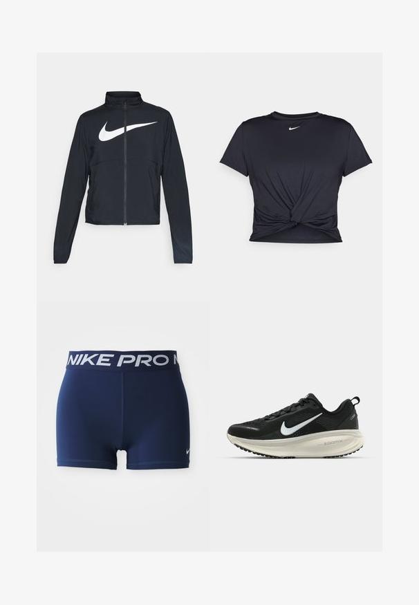 Jachetă sport neagră cu fermoar pe toată lungimea, guler înalt, mâneci lungi și un logo mare alb Nike swoosh pe piept.; Tricou sport negru din material neted, cu un design frontal legat și un mic logo Nike alb pe piept.; Șorturi atletice de culoare bleumarin, cu un waistband elastic lat, având inscripția "NIKE PRO" în alb. Textură netedă, cu cusături plate și un logo contrastant.; Pantofii de alergare negri de la Nike, cu parte superioară din plasă respirabilă, logo-ul alb Swoosh, detalii texturate și o talpă intermediară ZoomX de culoare crem.