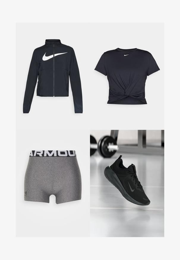 Sort fuld-zip sportsjakke med høj krave, lange ærmer og stort hvidt Nike swoosh-logo på brystet.; Sort atletisk t-shirt lavet af glat stof, med et knyttet frontdesign og et lille hvidt Nike-logo på brystet.; Grå atletiske shorts med en tætsiddende pasform, lavet af et struktureret materiale. Har en bred sort talje med "ARMOUR" i hvid.; Sort sportsko med Nike-logo, vist midt i luften på et gymgulv, med en sløret vægtstang i baggrunden.