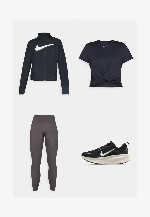 Črna športna jakna z polnim zadrgo, visokim ovratnikom, dolgimi rokavi in velikim belim logotipom Nike swoosh čez prsi.; Črna atletska majica iz gladkega materiala, z vozlanim sprednjim delom in majhnim belim logotipom Nike na prsih.; Visoko pasovi, oprijete legginge iz temno sive tkanine. Opremljene so z teksturiranimi črtami na levi stegn. Gladek, elastičen materiale.; Črne Nike tekaške čevlje z zračno mrežno zgornjim delom, belim logotipom Swoosh, teksturiranimi detajli in smetanasto barvnim srednjim delom ZoomX.