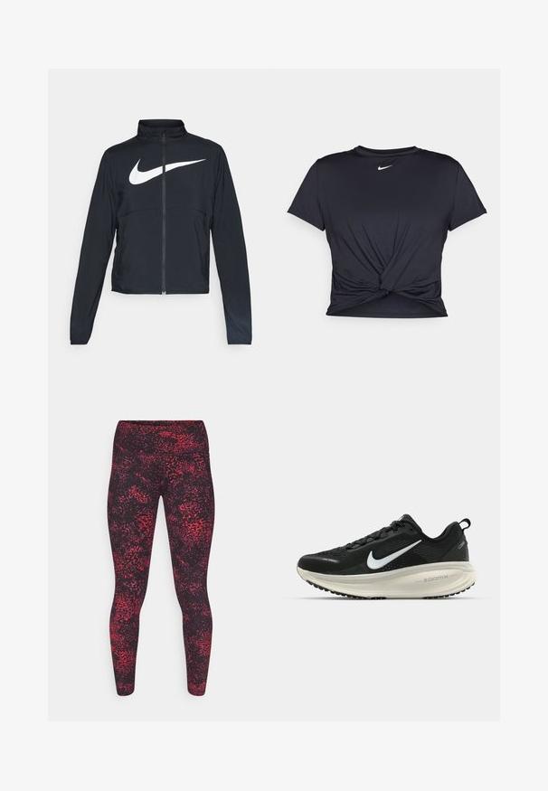 Černá sportovní bunda na zip s vysokým límcem, dlouhými rukávy a velkým bílým logem Nike swoosh přes prsa.; Černé sportovní tričko vyrobené z hladkého materiálu, s uzlovým designem vpředu a malým bílým logem Nike na hrudi.; Černé legíny s vysokým pasem a červeným abstraktním vzorem. Vyrobeny z pružné, lehké tkaniny, s hladkou texturou a přiléhavým střihem.; Černá běžecká obuv Nike s prodyšným síťovaným svrškem, bílým logem swoosh, texturovanými detaily a krémovou mezipodešví ZoomX.