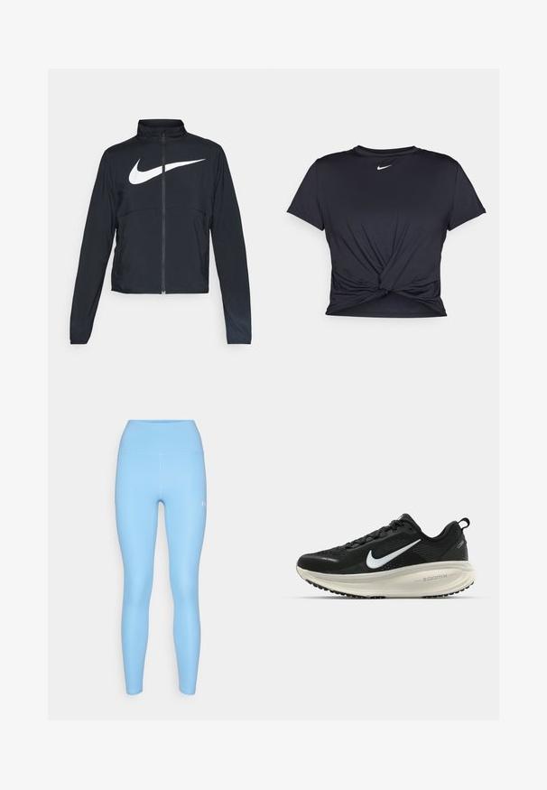 Black full-zip sports jacket with high collar, long sleeves, and large white Nike swoosh logo across the chest.; Black athletic t-shirt made of smooth fabric, featuring a knotted front design and a small white Nike logo on the chest.; Under Armour MOTION ANKLE LEG - Leggings - horizon blue/white; Black Nike running shoe with breathable mesh upper, white swoosh logo, textured detailing, and a cream-colored ZoomX midsole.