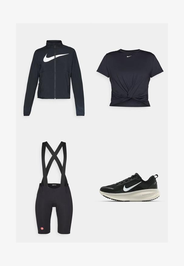 Černá sportovní bunda na zip s vysokým límcem, dlouhými rukávy a velkým bílým logem Nike swoosh přes prsa.; Černé sportovní tričko vyrobené z hladkého materiálu, s uzlovým designem vpředu a malým bílým logem Nike na hrudi.; Černé cyklistické kraťasy s kříženými šlemi, vyrobené z elastického materiálu, s polstrovaným sedlem a malým červeným logem na nohavici.; Černá běžecká obuv Nike s prodyšným síťovaným svrškem, bílým logem swoosh, texturovanými detaily a krémovou mezipodešví ZoomX.