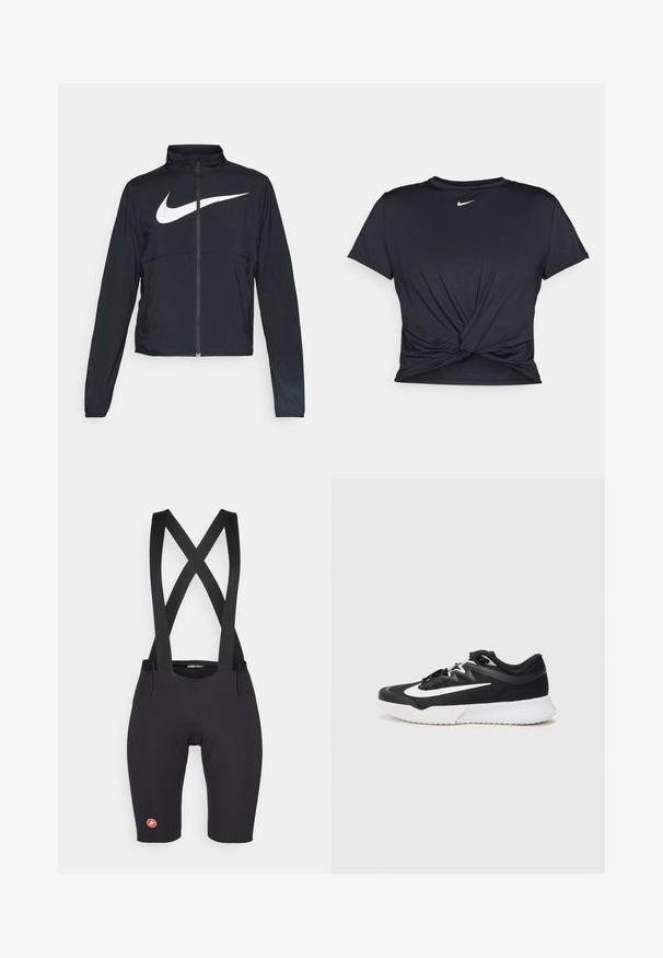 Casaco desportivo preto com fecho éclair completo, gola alta, mangas longas e grande logótipo branco da Nike na parte frontal.; T-shirt atlético preto feito de tecido liso, apresentando um design frontal com nó e um pequeno logótipo branco da Nike no peito.; Calções de ciclismo pretos com suspensórios cruzados, feitos de tecido elástico, apresentando um assento almofadado e um pequeno logo vermelho na perna.; Sapatilha atlética preta com detalhes brancos, apresentando um cabedal texturizado, bico redondo, atacadores planos e uma sola grossa de borracha branca.