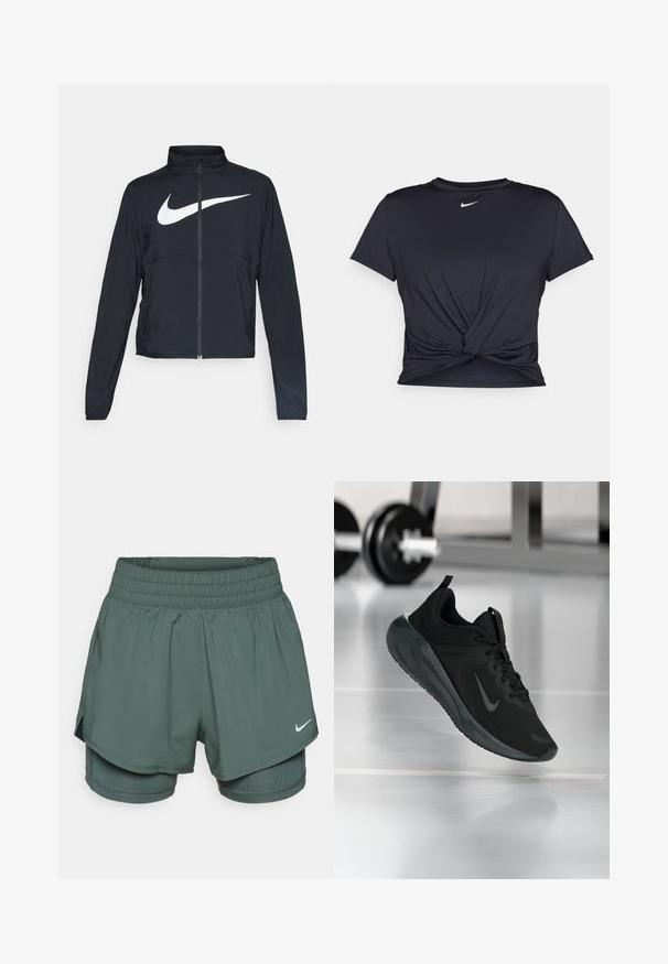 Črna športna jakna z polnim zadrgo, visokim ovratnikom, dolgimi rokavi in velikim belim logotipom Nike swoosh čez prsi.; Črna atletska majica iz gladkega materiala, z vozlanim sprednjim delom in majhnim belim logotipom Nike na prsih.; Zelene športne kratke hlače z širokim elastikastim pasom, večplastno zasnovo in notranjimi kompresijskimi hlačami. Vključujejo majhen bel Nike logotip.; Črne športne teniske z logotipom Nike, prikazane v zraku na telovadni talni površini, v ozadju pa zamegljena vrsta uteži.