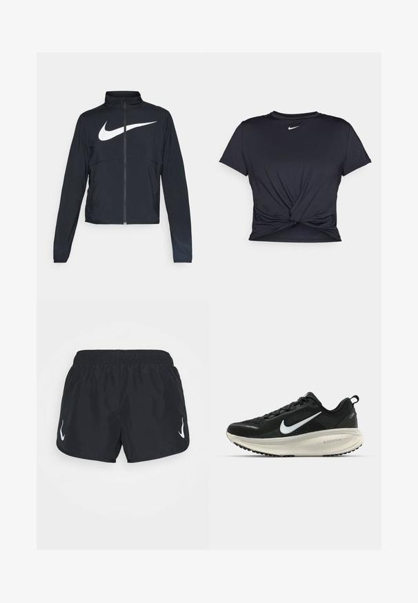 Juodas sportinis džemperis su visiškai užtraukiama užtrauktuku, aukšta apykakle, ilgomis rankovėmis ir dideliu baltu Nike swoosh logotipu per krūtinę.; Juodas sportinis marškinėlis, pagamintas iš lygios medžiagos, su surišta priekiu ir mažu baltu Nike logotipu ant krūtinės.; Juodos sportinės šortai su elastinga juosta, dešinėje pusėje turintys baltą logotipą. Pagaminti iš lengvos, lygios medžiagos.; Juodas Nike sportinis batelis su kvėpuojančiu tinklu, baltu swoosh logotipu, tekstūruoto dizaino detalėmis ir grietinėlės spalvos ZoomX viduriu.