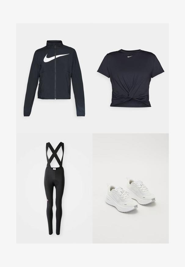 Fekete, teljes cipzáros sportdzseki magas gallérral, hosszú ujjal, amelyen egy nagy, fehér Nike logó található a mellkason.; Fekete sportpóló sima anyagból, elöl megkötős dizájnnal, a mellkason egy kis fehér Nike logóval.; Fekete kerékpáros nadrág, párnázott üléssel és keresztezett vállpántokkal, fehér háttér előtt bemutatva.; Fehér sportcipő, texturált hálós felsőrésszel, párnázott talppal és diszkrét szürke díszítésekkel. Tartalmazza a márkázást és a könnyű felhúzást segítő hurkot a sarokrészen.