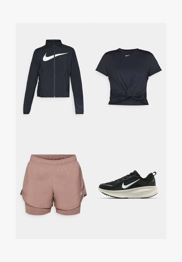 Crna sportska jakna s punim patentnim zatvaračem, visokim ovratnikom, dugim rukavima i velikim bijelim Nike swoosh logom preko grudi.; Crni trenirac s kratkim rukavima izrađen od glatkog materijala, s čvorastim dizajnom sprijeda i malim bijelim Nike logotipom na prsima.; Svijetloružičaste atletske kratke hlače imaju elastičnu traku u struku, slojeviti dizajn i reflektirajući logotip sa strane. Glatka tkanina.; Crne Nike trkačke tenisice s prozračnom mrežastom gornjom konstrukcijom, bijelim swoosh logotipom, teksturiranim detaljima i kremastom ZoomX srednjom potplatnom jedinicom.
