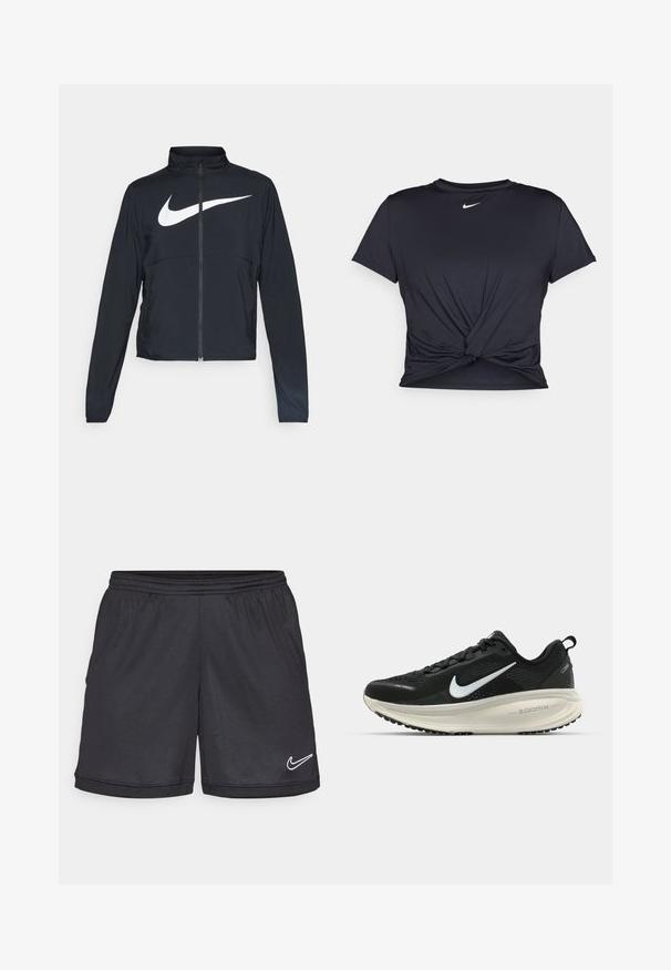 Black full-zip sports jacket with high collar, long sleeves, and large white Nike swoosh logo across the chest.; Black athletic t-shirt made of smooth fabric, featuring a knotted front design and a small white Nike logo on the chest.; Black athletic shorts with an elastic waistband, featuring a white Nike logo on the lower right hem and a smooth, lightweight fabric.; Black Nike running shoe with breathable mesh upper, white swoosh logo, textured detailing, and a cream-colored ZoomX midsole.