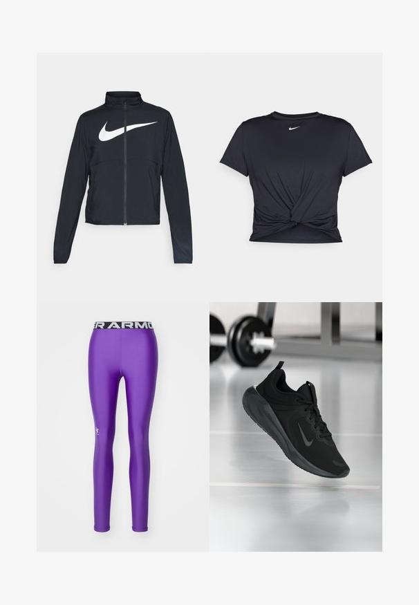 Giacca sportiva nera con zip completa, colletto alto, maniche lunghe e grande logo swoosh bianco Nike sul petto.; Maglietta atletica nera realizzata in tessuto liscio, con un design anteriore annodato e un piccolo logo Nike bianco sul petto.; Under Armour HEATGEAR - Leggings - lavish/white; Sneaker sportivo nero con logo Nike, mostrato in volo su un pavimento da palestra, con un supporto per pesi sfocato sullo sfondo.