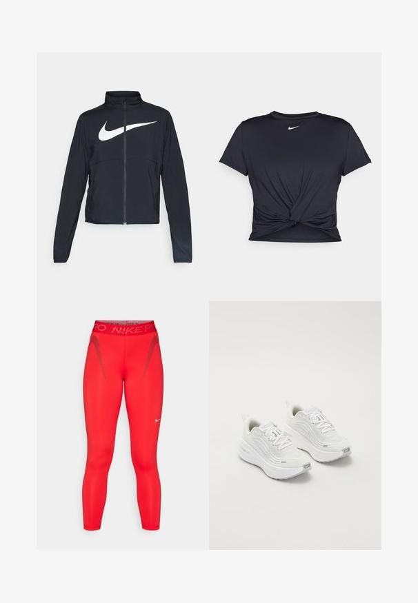 Schwarze Sportjacke mit vollem Reißverschluss, hohem Kragen, langen Ärmeln und großem weißen Nike-Swoosh-Logo auf der Brust.; Schwarzes Sport-T-Shirt aus glattem Stoff, mit einem geknoteten Vorderdesign und einem kleinen weißen Nike-Logo auf der Brust.; Rote sportliche Leggings aus dehnbarem Material. Sie verfügen über eine hohe Taille, reflektierende Akzente und ein Nike-Logo am Unterschenkel.; Weiße Sportschuhe mit einem strukturierten Mesh-Obermaterial, gepolsterter Sohle und dezenten grauen Akzenten. Enthält Branding und eine Schlaufe an der Ferse für einfaches Anziehen.