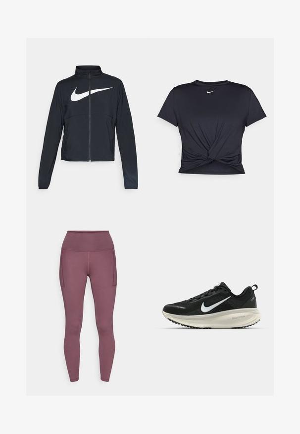 Melnā sporta jaka ar pilnu rāvējslēdzēju, augstu apkakli, garām piedurknēm un lielu baltu Nike swoosh logotipu krūšu daļā.; Melna sporta t-kreklu ar gludu audumu, ar mezglošanas priekšpusi un mazu baltu Nike logotipu uz krūšu daļas.; Mauve legingi ar augstu jostasvietu, gludu tekstūru un divām sānu kabatām. Izgatavoti no elastīga, viegla materiāla komfortam.; Melnas Nike skriešanas kurpes ar elpojošu acs augšdaļu, baltu Swoosh logotipu, strukturētu apdari un krēmkrāsas ZoomX starpsole.