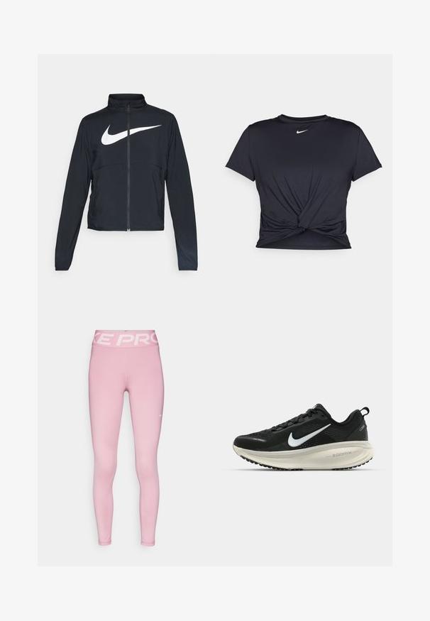 Giacca sportiva nera con zip completa, colletto alto, maniche lunghe e grande logo swoosh bianco Nike sul petto.; Maglietta atletica nera realizzata in tessuto liscio, con un design anteriore annodato e un piccolo logo Nike bianco sul petto.; Leggings sportivi rosa con una fascia larga di un rosa chiaro che presenta il logo "NIKE PRO". Realizzati in tessuto elastico, design aderente, texture liscia.; Scarpa da corsa nera Nike con tomaia in rete traspirante, logo Swoosh bianco, dettagli testurizzati e intersuola ZoomX di colore crema.