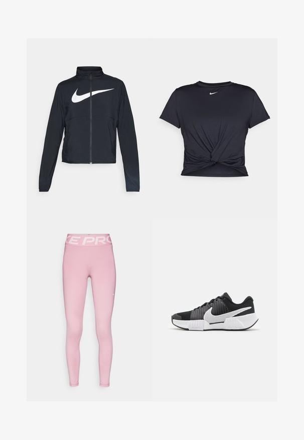 Giacca sportiva nera con zip completa, colletto alto, maniche lunghe e grande logo swoosh bianco Nike sul petto.; Maglietta atletica nera realizzata in tessuto liscio, con un design anteriore annodato e un piccolo logo Nike bianco sul petto.; Leggings sportivi rosa con una fascia larga di un rosa chiaro che presenta il logo "NIKE PRO". Realizzati in tessuto elastico, design aderente, texture liscia.; Scarpe sportive in bianco e nero con una parte superiore testurizzata, un prominente swoosh Nike e un design della suola a contrasto per una migliore aderenza e stabilità.