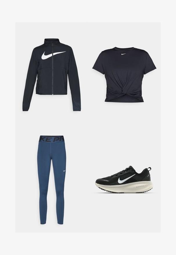 Must musta täispikk vary hoodie kõrge krae, pikad varrukad ja suur valge Nike swooshi logo rinnal.; Mustmust musta sportlik T-särk, mis on valmistatud sujuvast kangast, millel on sõlmega esikülg ja väike valge Nike logo rinnal.; Tumed sinised legginsid, valmistatud venivast kangast, musta vöökohaga, millel on "NIKE PRO" bränding ja väike valge Nike logo säärel.; Musthave mustus Nike jooksujalats, millel on hingav võrgust ülemine osa, valge swoosh logo, tekstuuriga detailid ja kreemja värvusega ZoomX vahevöö.