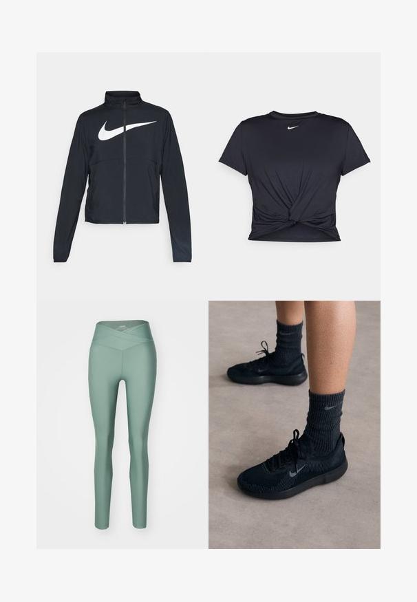 Musta urheilutakki, jossa on täysivetoketju, korkea kaulus, pitkät hihat ja suuri valkoinen Nike-tikkauksella rintaosa.; Musta urheilu T-paita, joka on valmistettu sileästä kankaasta, jossa on solmittu etuosa ja pieni valkoinen Nike-logo rinnassa.; Vihreät korkean vyötärön legginsit, joissa on ristiin menevä vyötärö, valmistettu joustavasta materiaalista, sileän tekstuurin ja tiukan muotoilun omaavia.; Mustat Nike-lenkkarit, joissa on tekstuuripintainen neulottu yläosa, harmaalla swoosh-logolla, yhdistettynä tummaan ribbikuvioiseen sukkaan. Litteä kumipohja.