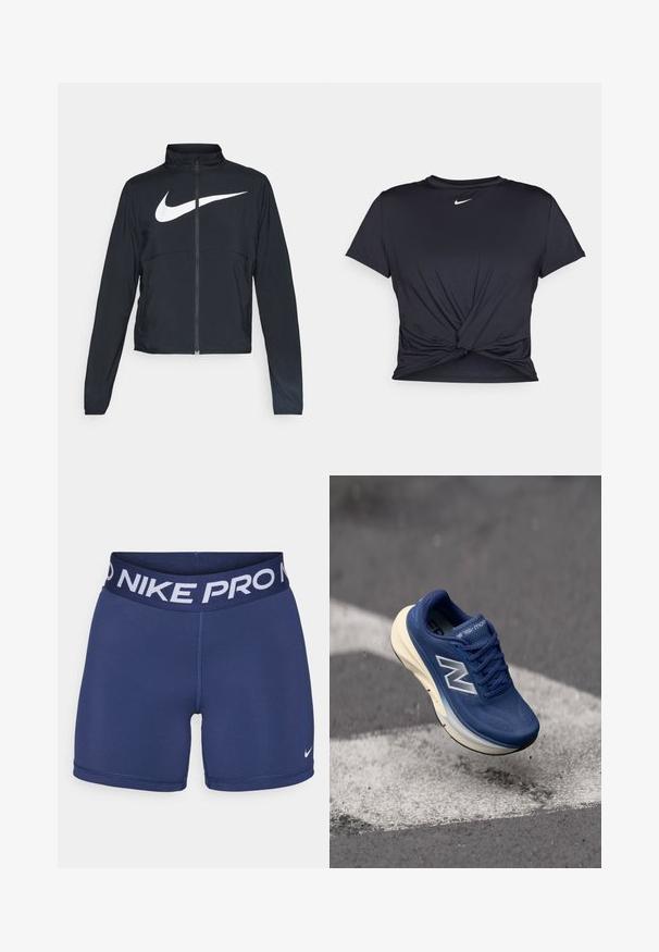 Crna sportska jakna s punim patentnim zatvaračem, visokim ovratnikom, dugim rukavima i velikim bijelim Nike swoosh logom preko grudi.; Crni trenirac s kratkim rukavima izrađen od glatkog materijala, s čvorastim dizajnom sprijeda i malim bijelim Nike logotipom na prsima.; Tamno plave Nike Pro kratke hlače s širokim pojasom na kojem se nalazi bijeli tekst "NIKE PRO" i mali bijeli logo na donjoj desnoj strani. Glatka tekstura tkanine.; Plave trkačke tenisice s mrežastim gornjim dijelom, umjerenim potplatom i vidljivim šavovima. Imaju svijetlu srednju potplat i crni donji dio.
