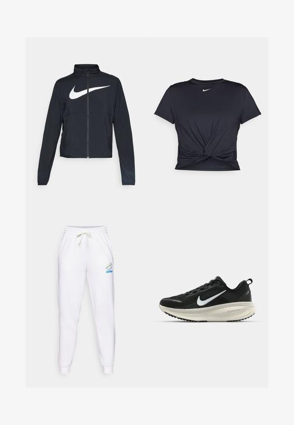 Svart joggebund med hel glidelås, høy krage, lange ermer og stort hvitt Nike swoosh-logo over brystet.; Svart trenings T-skjorte laget av glatt stoff, med en knyttet frontdesign og en liten hvit Nike-logo på brystet.; Hvite joggebukser med elastisk liv med justerbar snor. Har en blå og flerfarget Lotto-logo på venstre lår.; Svart Nike løpesko med pustende mesh-overdel, hvit swoosh-logo, teksturert detaljer og en kremfarget ZoomX mellomsåle.