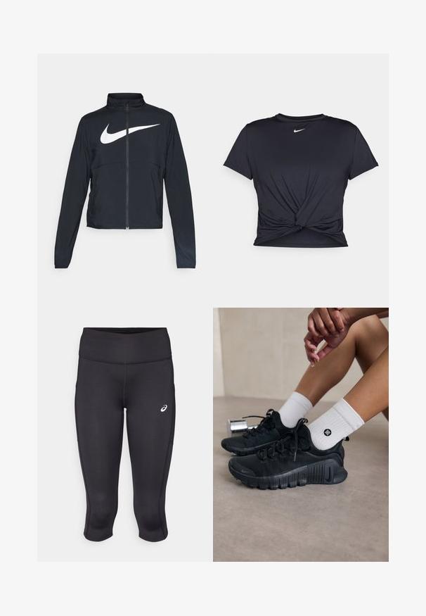 Melnā sporta jaka ar pilnu rāvējslēdzēju, augstu apkakli, garām piedurknēm un lielu baltu Nike swoosh logotipu krūšu daļā.; Melna sporta t-kreklu ar gludu audumu, ar mezglošanas priekšpusi un mazu baltu Nike logotipu uz krūšu daļas.; Melni sportiski kapri legingi ar gludu tekstūru, elastīgu audumu, augstu jostasvietu un mazu baltu logotipu kreisajā pusē.; Melnas sporta kurpes ar teksturētu audumu, saistītu dizainu un izteiktu zoli, savienotas ar baltām ribotām zeķēm ar mazu logo.
