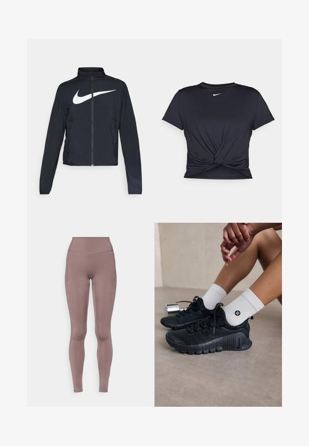 Čierna športová bunda na zips s vysokým golierom, dlhými rukávmi a veľkým bielym logom Nike na hrudi.; Čierne atletické tričko vyrobené z hladkej tkaniny, so zaväzovaným predným dizajnom a malým bielym logom Nike na hrudi.; Legíny s vysokým pásom v jemnej fialovej farbe, vyrobené z elastickej tkaniny s plochými švami a bočnými vreckami. Hladká textúra a priliehavý strih.; Čierne športové topánky s textúrovanou látkou, šnurovací dizajn a výrazná podrážka, doplnené o biele rebrované ponožky s malým logom.