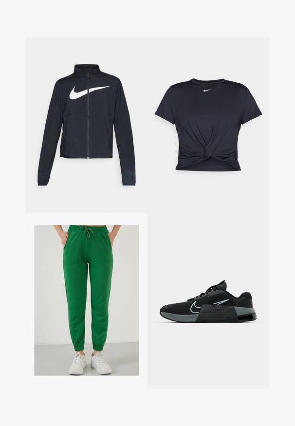 Melnā sporta jaka ar pilnu rāvējslēdzēju, augstu apkakli, garām piedurknēm un lielu baltu Nike swoosh logotipu krūšu daļā.; Melna sporta t-kreklu ar gludu audumu, ar mezglošanas priekšpusi un mazu baltu Nike logotipu uz krūšu daļas.; LELA Treniņtērpa apakšdaļas - benetton color; Melnas sporta kurpes ar acu audumu, pelēkiem akcentiem un teksturētu starpzoli. Iespējas ietver izteiktu logo un auklu dizainu. Gumijas zole nodrošina saķeri.