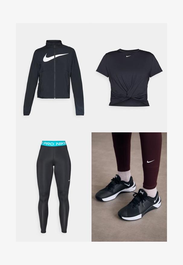 Juodas sportinis džemperis su visiškai užtraukiama užtrauktuku, aukšta apykakle, ilgomis rankovėmis ir dideliu baltu Nike swoosh logotipu per krūtinę.; Juodas sportinis marškinėlis, pagamintas iš lygios medžiagos, su surišta priekiu ir mažu baltu Nike logotipu ant krūtinės.; Juodi sportiniai leggingai su žydru elastiniu diržu, kairėje kojoje esantis baltas Nike logotipas. Lygi, tampri medžiaga.; Juodos sportinės bateliai su tekstūruota viršutine dalimi ir baltais akcentais, su raišteliais ir šoniniu logotipu. Dėvimi su bordo spalvos leggingais ir šviesiomis kojinėmis.