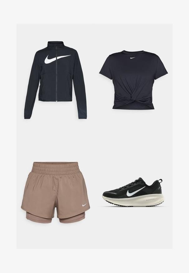 Črna športna jakna z polnim zadrgo, visokim ovratnikom, dolgimi rokavi in velikim belim logotipom Nike swoosh čez prsi.; Črna atletska majica iz gladkega materiala, z vozlanim sprednjim delom in majhnim belim logotipom Nike na prsih.; Nike športne hlače so izdelane iz lahke, raztegljive rjave tkanine z elastičnim pasom in vgrajenimi notranjimi hlačami. Na sprednji strani je majhna bela oznaka.; Črne Nike tekaške čevlje z zračno mrežno zgornjim delom, belim logotipom Swoosh, teksturiranimi detajli in smetanasto barvnim srednjim delom ZoomX.
