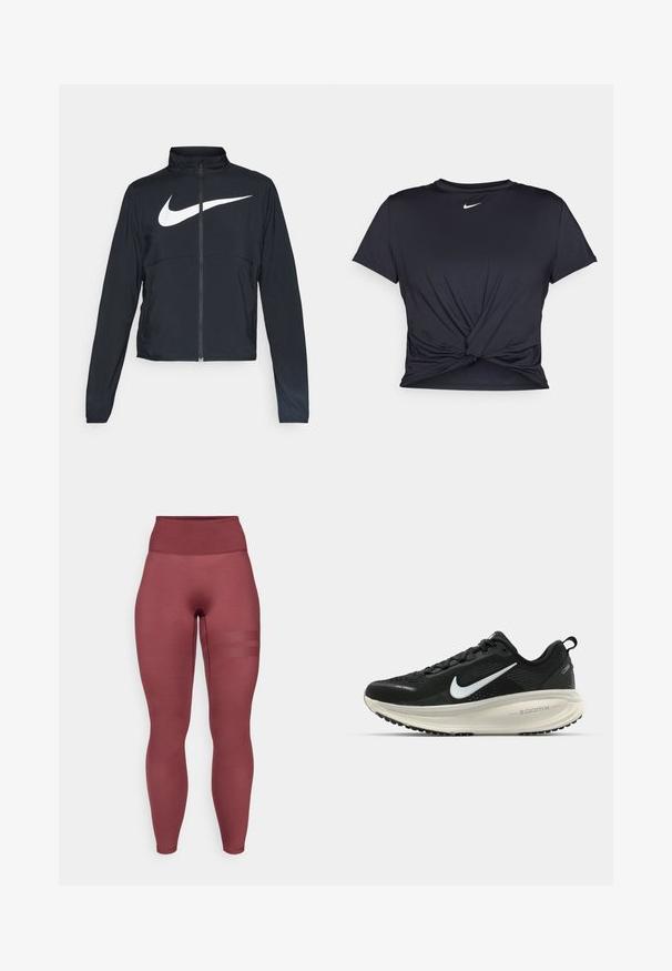 Črna športna jakna z polnim zadrgo, visokim ovratnikom, dolgimi rokavi in velikim belim logotipom Nike swoosh čez prsi.; Črna atletska majica iz gladkega materiala, z vozlanim sprednjim delom in majhnim belim logotipom Nike na prsih.; Burgundske hlače z visokim pasom, izdelane iz raztegljivega materiala. Imajo gladko teksturo in tri vodoravne mrežaste črte na stegnu.; Črne Nike tekaške čevlje z zračno mrežno zgornjim delom, belim logotipom Swoosh, teksturiranimi detajli in smetanasto barvnim srednjim delom ZoomX.