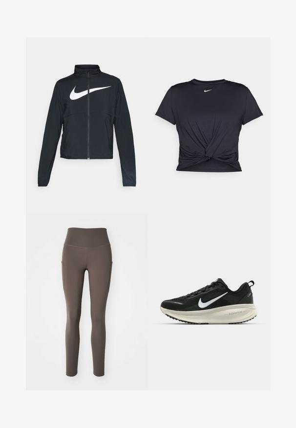 Chaqueta deportiva negra de cremallera completa con cuello alto, mangas largas y gran logo de Nike en blanco en el pecho.; Camiseta atlética negra hecha de tela suave, con un diseño de nudo en la parte delantera y un pequeño logo blanco de Nike en el pecho.; Nike Performance ONE 7/8 - Leggings - ironstone; Zapatilla de running Nike negra con parte superior de malla transpirable, logo Swoosh blanco, detalles texturizados y una entresuela ZoomX de color crema.