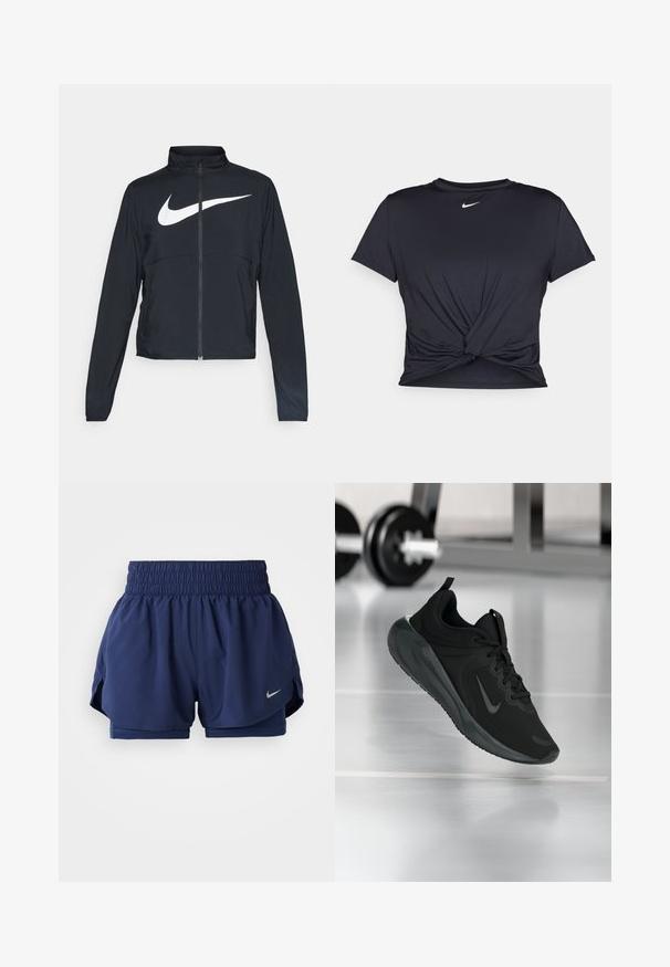 Črna športna jakna z polnim zadrgo, visokim ovratnikom, dolgimi rokavi in velikim belim logotipom Nike swoosh čez prsi.; Črna atletska majica iz gladkega materiala, z vozlanim sprednjim delom in majhnim belim logotipom Nike na prsih.; Mornarske atletske kratke hlače z smučanjem elastičnega pasu, notranjo oblogo in stranskimi razpokami. Imajo majhen srebrni Nike logotip na spodnjem sprednjem delu.; Črne športne teniske z logotipom Nike, prikazane v zraku na telovadni talni površini, v ozadju pa zamegljena vrsta uteži.