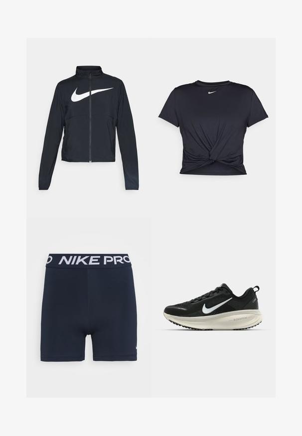 Čierna športová bunda na zips s vysokým golierom, dlhými rukávmi a veľkým bielym logom Nike na hrudi.; Čierne atletické tričko vyrobené z hladkej tkaniny, so zaväzovaným predným dizajnom a malým bielym logom Nike na hrudi.; Námornícke šortky Nike Pro s elastickým pásom a bielym brandingom "NIKE PRO". Hladký elastický materiál s priliehavým strihom.; Čierne bežecké topánky Nike s priedušnou sieťovinou, bielym logom s symbolom swoosh, textúrovanými detailmi a krémovou ZoomX medzipodrážkou.