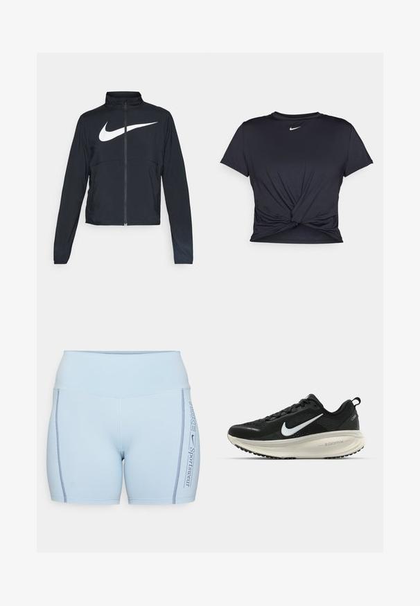 Casaco desportivo preto com fecho éclair completo, gola alta, mangas longas e grande logótipo branco da Nike na parte frontal.; T-shirt atlético preto feito de tecido liso, apresentando um design frontal com nó e um pequeno logótipo branco da Nike no peito.; Calções desportivos azul claro feitos de material elástico, com uma cintura alta, costura de contraste e uma impressão lateral de "NIKE Sportswear".; Sapatilha de corrida Nike preta com parte superior de malha respirável, logotipo Swoosh branco, detalhes texturizados e uma entressola ZoomX na cor creme.