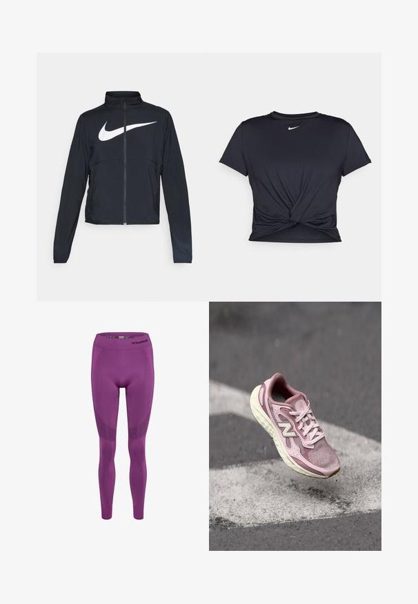 Zwarte sportjas met volledige rits, hoge kraag, lange mouwen en groot wit Nike swoosh-logo op de borst.; Zwarte sportieve T-shirt van gladde stof, met een geknoopt ontwerp aan de voorkant en een klein wit Nike-logo op de borst.; Paarse sportlegging met een hoge tailleband, voorzien van een textuurpatroon langs de zijkanten en ademende stof voor comfort.; Lichtroze hardloopschoen met een bovenwerk van mesh, witte accenten en een gewatteerde zool, met een gestroomlijnd ontwerp en een gestructureerde afwerking.