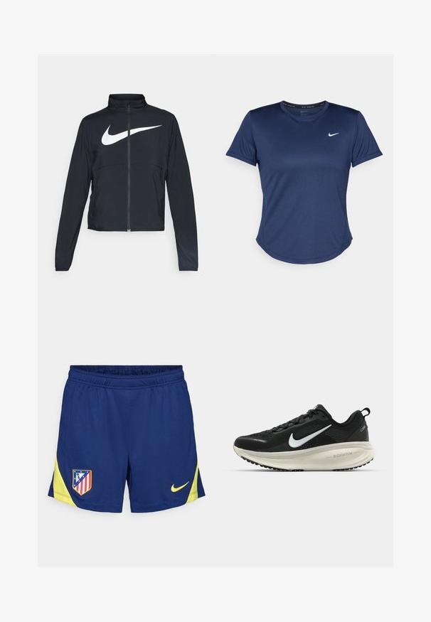 Čierna športová bunda na zips s vysokým golierom, dlhými rukávmi a veľkým bielym logom Nike na hrudi.; Námořnická modrá sportovní tričko s krátkými rukávy, kulatým výstřihem a logem Nike na hrudi. Vyrobeno z hladkého, lehkého materiálu.; Námornícke modré športové šortky so žltými akcentmi, s elastickým pásom a bočnými vlečkami. Vyšívané klubové logo na ľavom stehne.; Čierne bežecké topánky Nike s priedušnou sieťovinou, bielym logom s symbolom swoosh, textúrovanými detailmi a krémovou ZoomX medzipodrážkou.