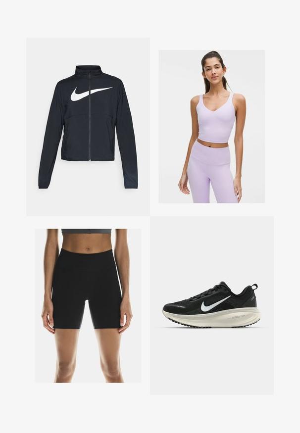 Sort fuld-zip sportsjakke med høj krave, lange ærmer og stort hvidt Nike swoosh-logo på brystet.; Lilla sports crop top med brede stropper og v-hals, parret med højtaljede lilla leggings. Materialet ser glat og strækbart ud.; On PERFORMANCE - Løbetights - black; Sort Nike løbesko med åndbart mesh-overdel, hvidt swoosh-logo, tekstureret detaljering og en cremede ZoomX mellemsål.
