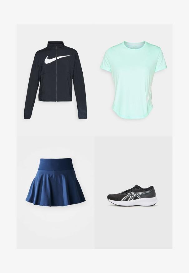 Črna športna jakna z polnim zadrgo, visokim ovratnikom, dolgimi rokavi in velikim belim logotipom Nike swoosh čez prsi.; Minta zelena kratka športna majica s kratkimi rokavi, gladka tkanina z okroglim izrezom in subtilnim logotipom Nike ob strani. Rahlo zaobljen rob.; Mornarsko modra razširjena krila, izdelana iz mehkega, elastičnega materiala. Ima širok, gladek pas in nabran dizajn za dodatno gibljivost.; Črne športne čevlje z teksturiranim mrežastim zgornjim delom, belimi poudarki in oblazinjeno belim podplatom. Imajo logo na strani in vezalke.