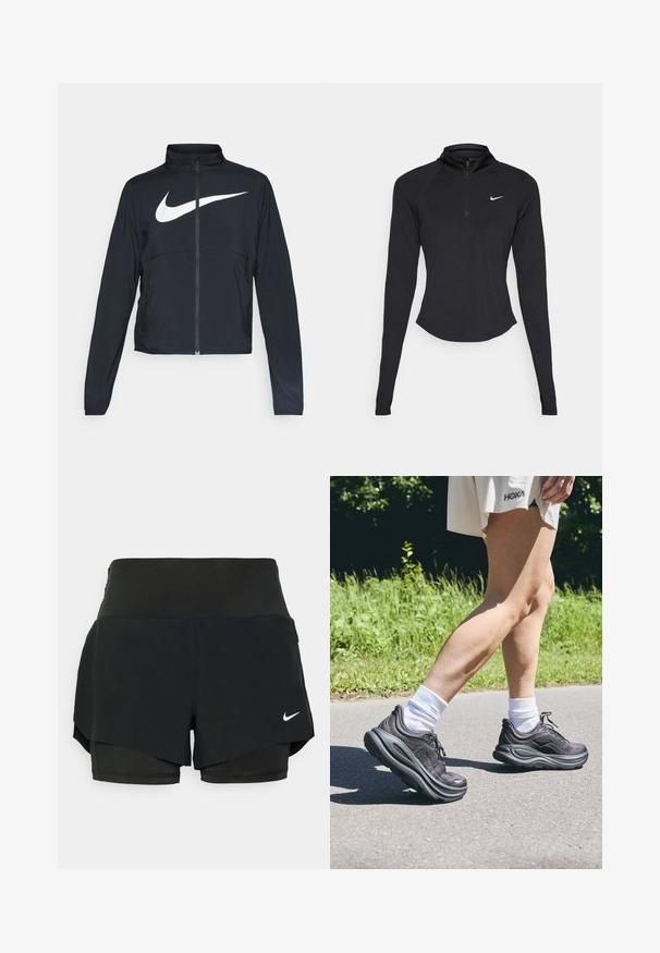 Schwarze Sportjacke mit vollem Reißverschluss, hohem Kragen, langen Ärmeln und großem weißen Nike-Swoosh-Logo auf der Brust.; Schwarzes, athletisches Longsleeve-Oberteil mit hohem Kragen und Viertelreißverschluss. Verfügt über eine enge Passform und ein weißes Nike-Logo auf der Brust.; Schwarze Sportshorts mit einem geschichteten Design, bestehend aus einer inneren Shorts und einer äußeren Überlage, aus leichtem, dehnbarem Material.; Schwarze Sportschuhe aus strukturiertem Stoff, mit dicken gepolsterten Sohlen und Schnürsenkeln, kombiniert mit weißen Socken und einem hellbeigen Kleidungsstück.