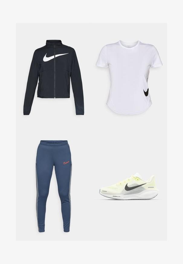 Musta urheilutakki, jossa on täysivetoketju, korkea kaulus, pitkät hihat ja suuri valkoinen Nike-tikkauksella rintaosa.; T-shirt atletik lengan pendek berwarna putih terbuat dari bahan halus, dengan logo Nike berwarna hitam di sisi kiri dan hem melengkung di bagian bawah.; Navy siniväri urheiluhousut, joissa on kiristysnyöri vyötäröllä, harmaat sivupaneelit ja oranssi Nike-logo vasemmassa jalassa. Sujuva ja joustava kangas.; Nike juoksukengät, joissa on vaaleankeltainen ja valkoinen verkko-osa, harmaita yksityiskohtia ja joustava kumipohja. Varusteet nauhakiinnityksellä.