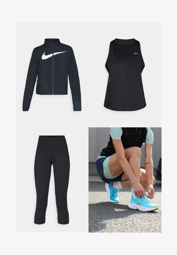 Veste de sport noire zippée sur toute la longueur avec un col haut, des manches longues et un grand logo Nike swoosh blanc sur la poitrine.; Débardeur de course sans manches noir, fabriqué dans un matériau léger, avec un col rond ; présente un logo discret et des fentes sur les côtés pour une meilleure respirabilité.; Leggings noirs coupés en tissu extensible, avec une taille haute et une texture lisse, sans motifs ni éléments visibles.; Des chaussures de course légères turquoise avec une tige en maille texturée, des semelles blanches et des accents verts, en cours de lacement par une personne sur un pavé.
