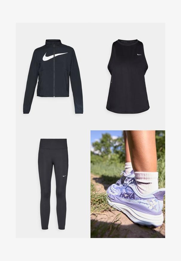 Melnā sporta jaka ar pilnu rāvējslēdzēju, augstu apkakli, garām piedurknēm un lielu baltu Nike swoosh logotipu krūšu daļā.; Melna bezruku skriešanas kreklu, kas izgatavots no viegla materiāla ar apaļu kakla izgriezumu; tam ir diskrēta logo un sānu šķirbes gaisa caurlaidībai.; Melnas legingi, izgatavoti no elastīga auduma, ar augstu jostu un baltu Nike logotipu kreisajā augšstilbā. Gluda tekstūra, piegulošs dizains.; HOKA STINSON 7 - Krosa skriešanas apavi - cosmic sky/meteor