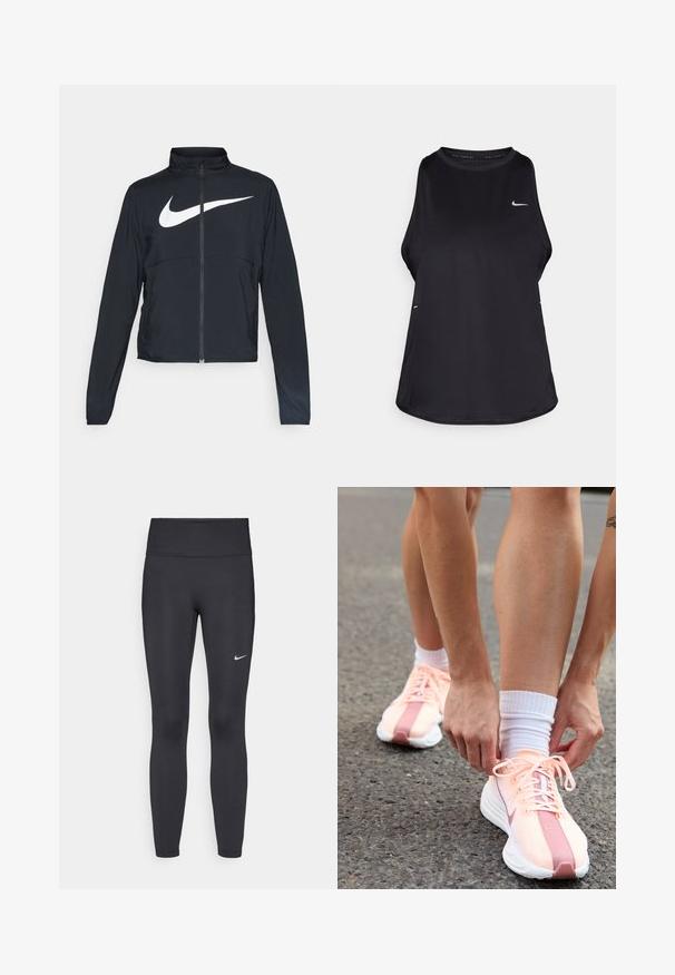 Musta urheilutakki, jossa on täysivetoketju, korkea kaulus, pitkät hihat ja suuri valkoinen Nike-tikkauksella rintaosa.; Mustan hihattoman juoksupaidan ykkönen, joka on valmistettu kevyestä materiaalista ja jossa on pyöreä kaula-aukko; siinä on huomaamaton logo ja sivuleikkaukset hengittävyyden parantamiseksi.; Mustat leggingsit joustavasta kankaasta, joissa on korkea vyötärö ja valkoinen Nike-logo vasemmassa reidessä. Sileä pinta, muotoaan myötäilevä suunnittelu.; Nike Performance PEGASUS PLUS - Katujuoksukengät - crimson tint/white/pure platinum/red stardust/vast grey
